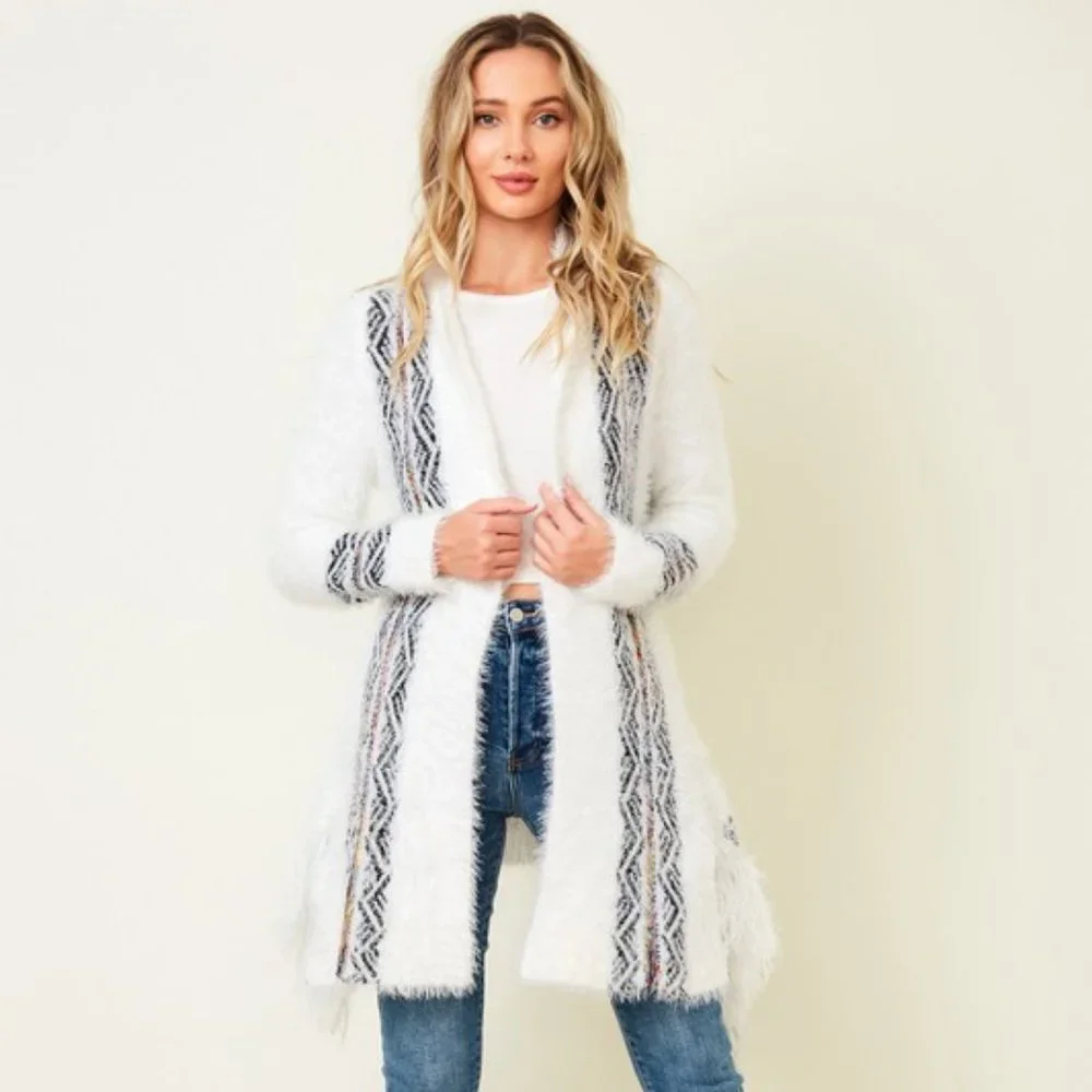 NEW ON BLUE AZTEC SOUTHWESTERN sweater drape cardigan fringe white soft Sm-3XL - Picture 4 of 9